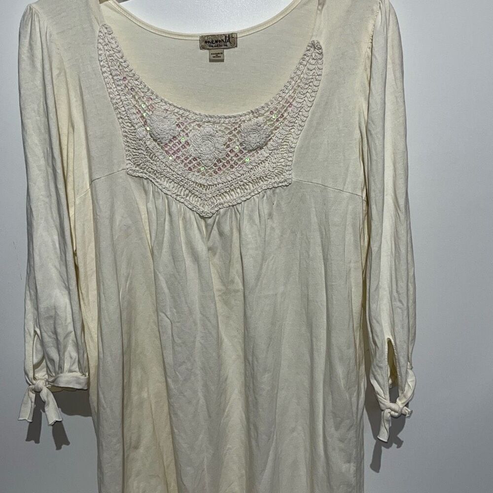 One World Women's Cream Crochet Sequin 3/4 Sleeve 100% Cotton Blouse Large